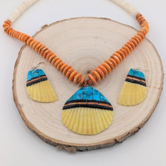 Native American Handmade Tribal Necklace Earrings Set Santo Domingo Kewa Shell * - Picture 12 of 13